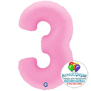 Шар (40''/102 см) Цифра, 3, Розовая Сакура, Матовый в уп. 1 шт., Grabo