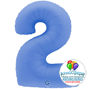 Шар (40''/102 см) Цифра, 2, Голубой Лотос, Матовый в уп. 1 шт., Grabo