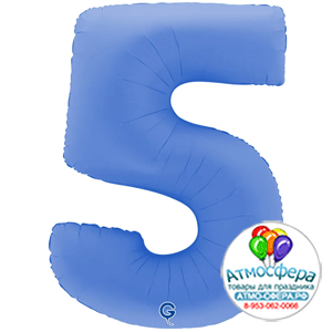 Шар (40''/102 см) Цифра, 5, Голубой Лотос, Матовый в уп. 1 шт., Grabo
