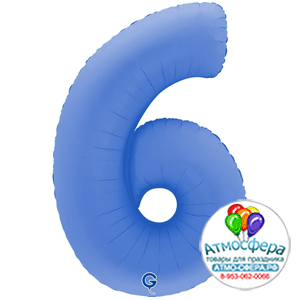 Шар (40''/102 см) Цифра, 6, Голубой Лотос, Матовый в уп. 1 шт., Grabo